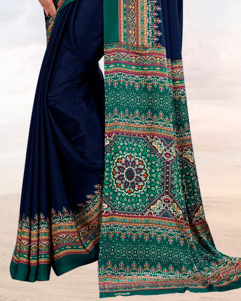 Dark Navy Blue Printed Digital Print Crepe Saree