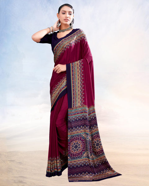 Red Purple Printed Digital Print Crepe Saree