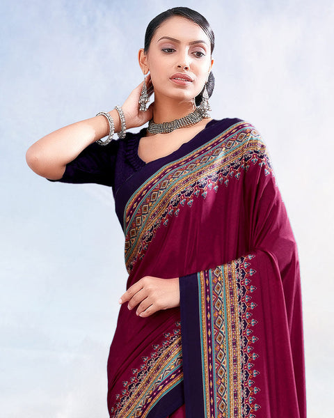 Red Purple Printed Digital Print Crepe Saree