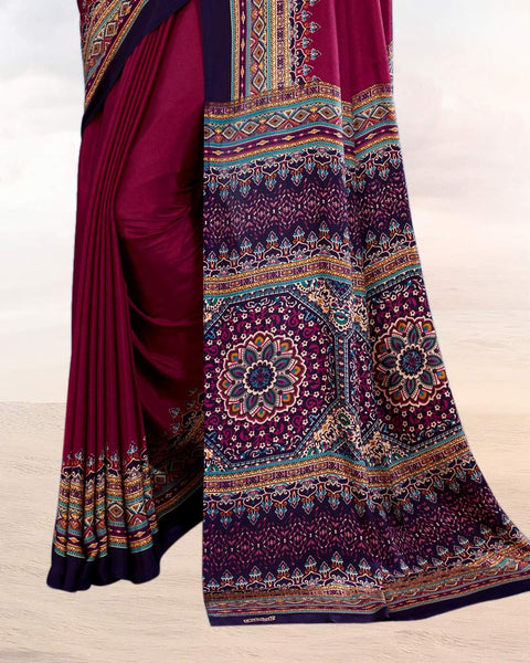 Red Purple Printed Digital Print Crepe Saree