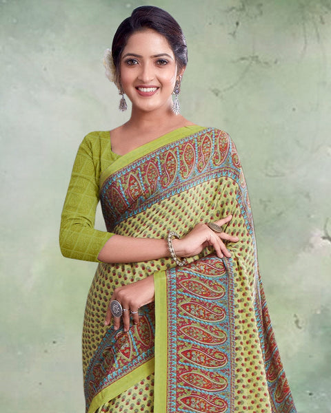 Pastel Olive Green And Neptune Blue Digital Print Premium Crepe Saree