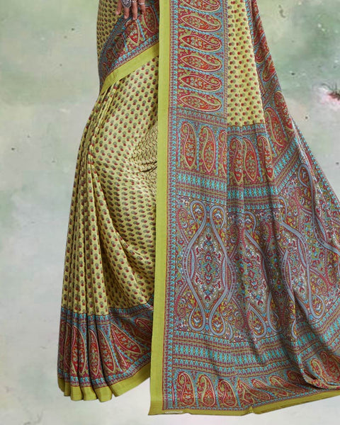 Pastel Olive Green And Neptune Blue Digital Print Premium Crepe Saree