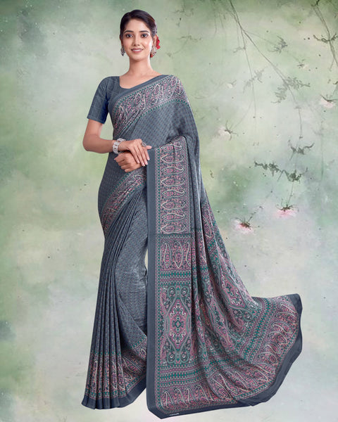 Slate Grey Digital Print Premium Crepe Saree
