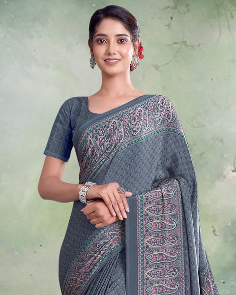 Slate Grey Digital Print Premium Crepe Saree