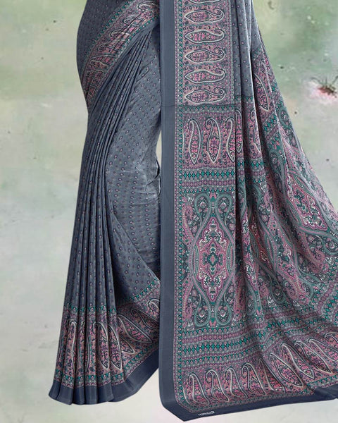 Slate Grey Digital Print Premium Crepe Saree
