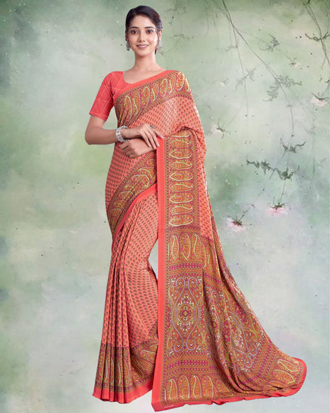 Peachy Pink Digital Print Premium Crepe Saree