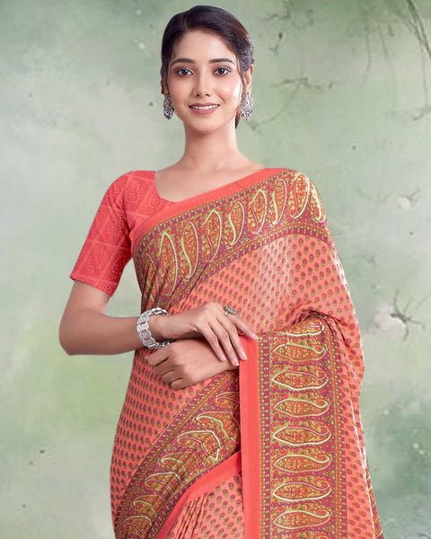 Peachy Pink Digital Print Premium Crepe Saree