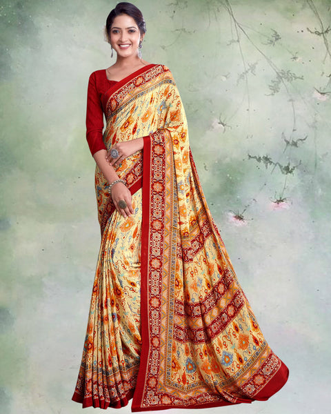 Pastel Yellow And Scarlet Red Digital Print Premium Crepe Saree