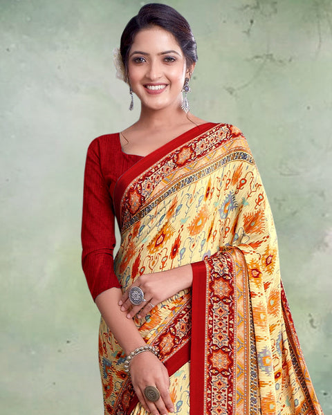 Pastel Yellow And Scarlet Red Digital Print Premium Crepe Saree