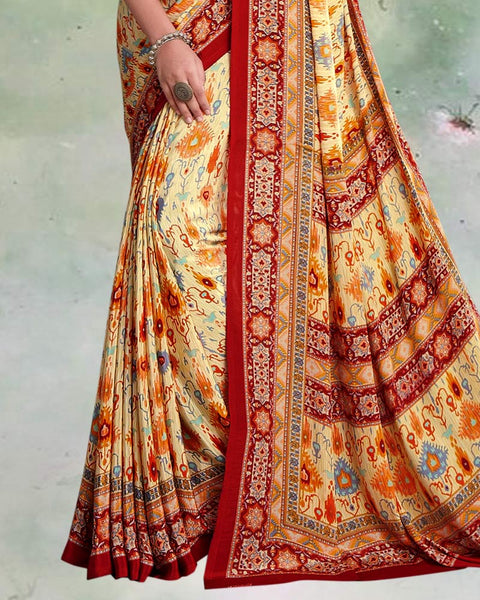 Pastel Yellow And Scarlet Red Digital Print Premium Crepe Saree
