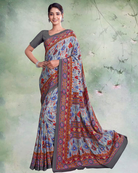 Silver Grey Digital Print Premium Crepe Saree