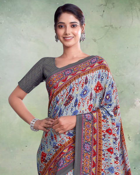 Silver Grey Digital Print Premium Crepe Saree