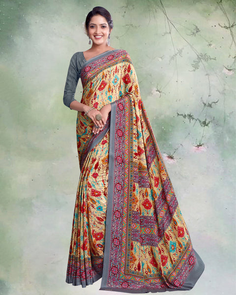 Peachy Yellow And Slate Grey Digital Print Premium Crepe Saree