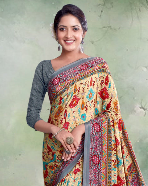 Peachy Yellow And Slate Grey Digital Print Premium Crepe Saree