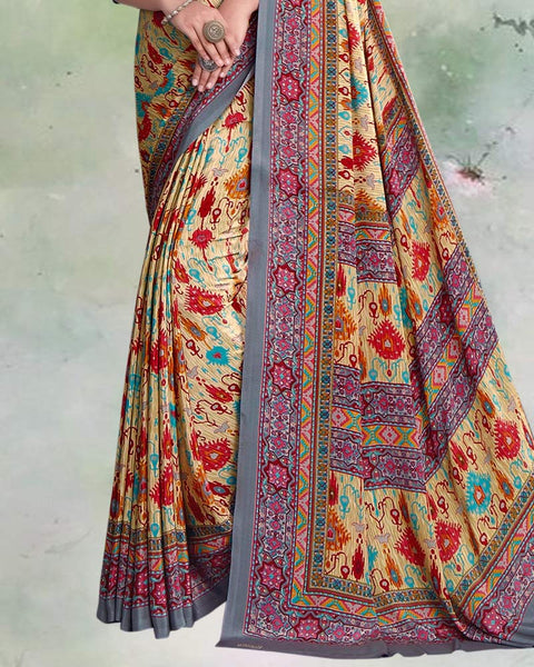 Peachy Yellow And Slate Grey Digital Print Premium Crepe Saree