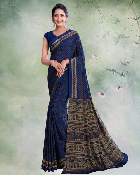 Zodiac Blue Digital Print Premium Crepe Saree