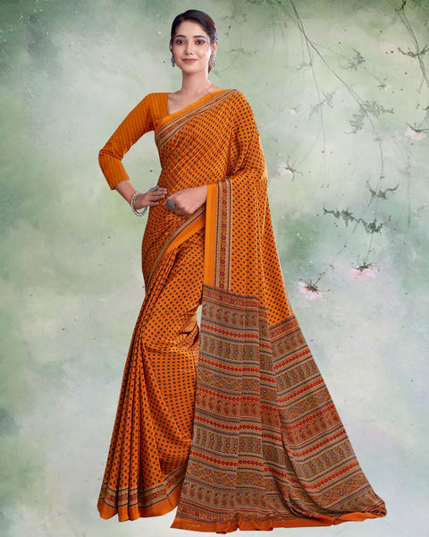 Papaya Orange Digital Print Premium Crepe Saree