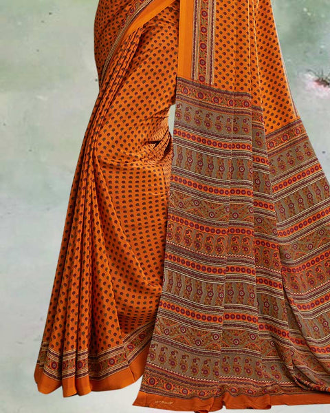 Papaya Orange Digital Print Premium Crepe Saree