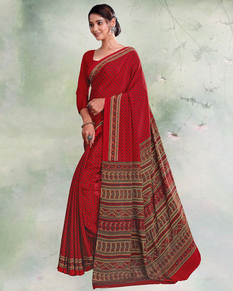 Lipstick Red Digital Print Premium Crepe Saree