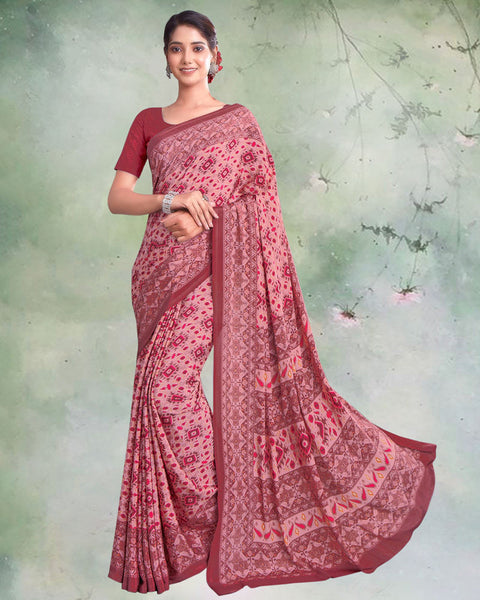 Flamingo Pink And Light Maroon Digital Print Premium Crepe Saree