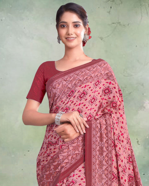 Flamingo Pink And Light Maroon Digital Print Premium Crepe Saree