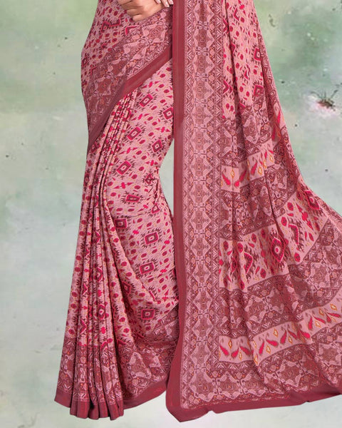 Flamingo Pink And Light Maroon Digital Print Premium Crepe Saree
