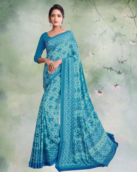 Sage Green And Ocean Blue Digital Print Premium Crepe Saree