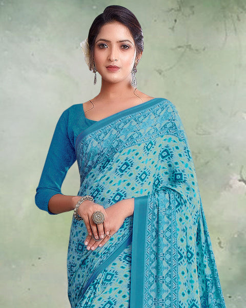 Sage Green And Ocean Blue Digital Print Premium Crepe Saree