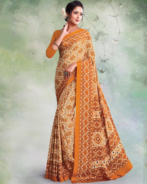 Pastel And Saffron Orange Digital Print Premium Crepe Saree