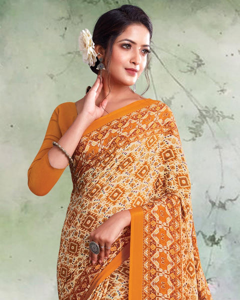 Pastel And Saffron Orange Digital Print Premium Crepe Saree