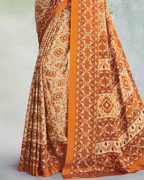 Pastel And Saffron Orange Digital Print Premium Crepe Saree