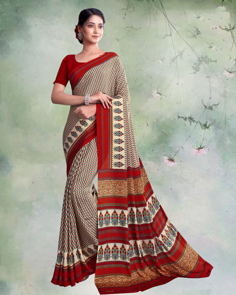 Pastel Yellow And Burnt Red Digital Print Premium Crepe Saree
