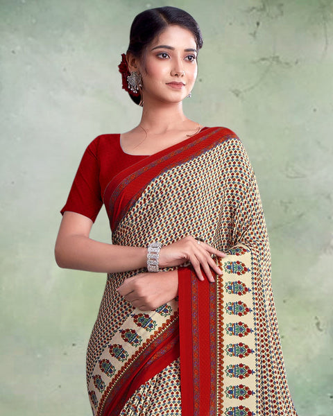 Pastel Yellow And Burnt Red Digital Print Premium Crepe Saree