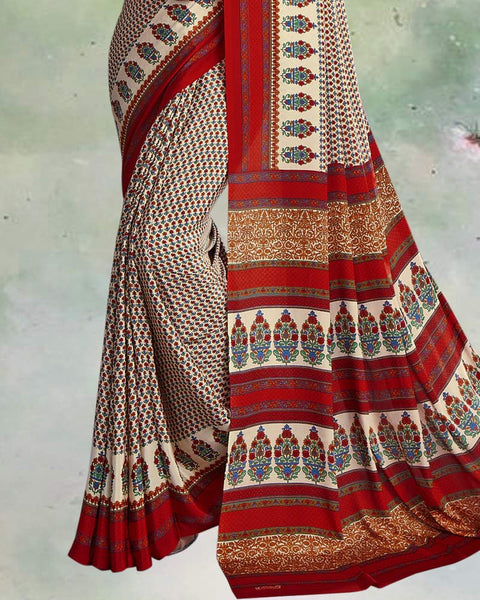 Pastel Yellow And Burnt Red Digital Print Premium Crepe Saree