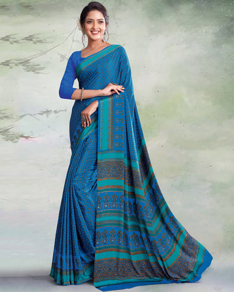 Venice Blue And Teal Green Digital Print Premium Crepe Saree