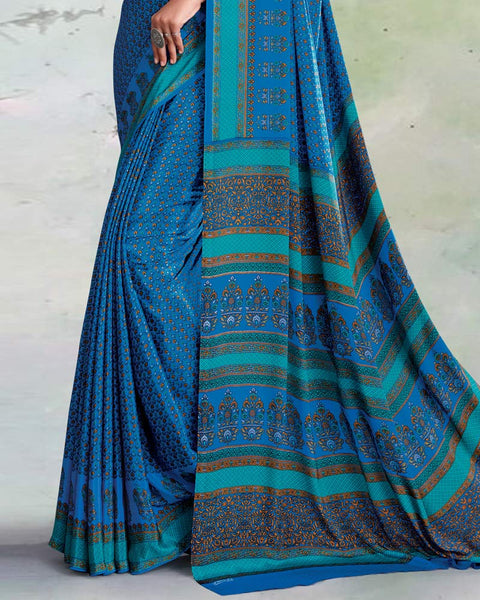 Venice Blue And Teal Green Digital Print Premium Crepe Saree