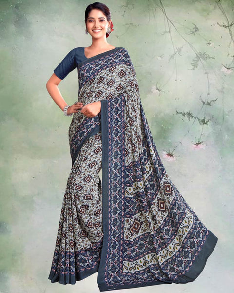 Pastel Blue And Charcoal Grey Digital Print Premium Crepe Saree