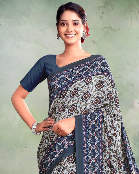 Pastel Blue And Charcoal Grey Digital Print Premium Crepe Saree