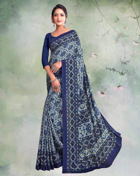 Pastel Green And Navy Blue Digital Print Premium Crepe Saree