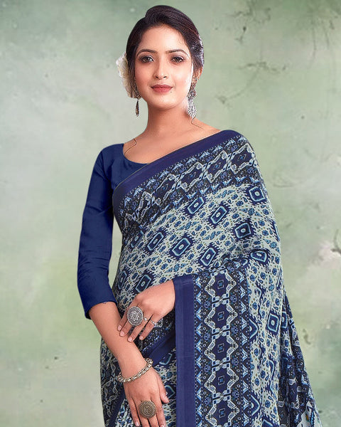 Pastel Green And Navy Blue Digital Print Premium Crepe Saree