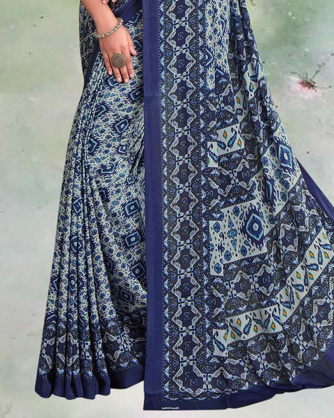 Pastel Green And Navy Blue Digital Print Premium Crepe Saree
