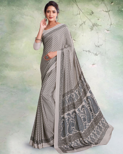 Pale Silver Grey Digital Print Premium Crepe Saree