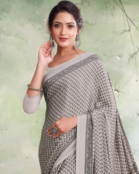 Pale Silver Grey Digital Print Premium Crepe Saree