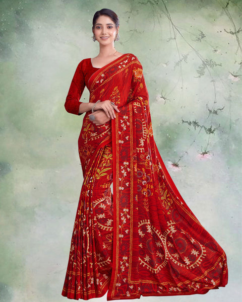 Persian Red Digital Print Premium Crepe Saree