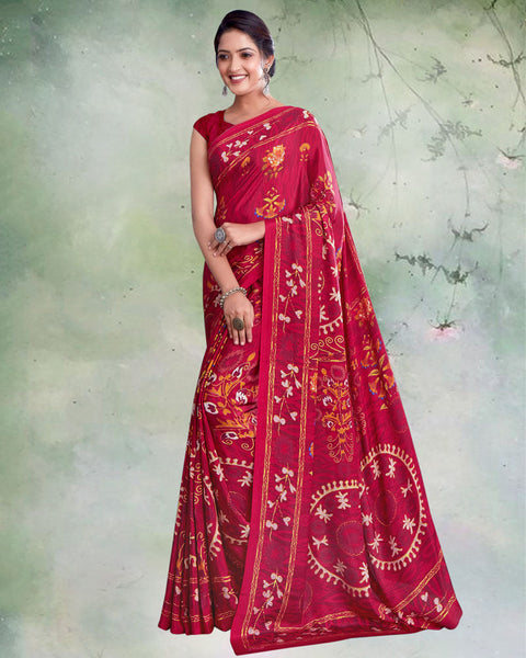Pinkish Red Digital Print Premium Crepe Saree