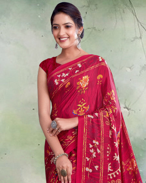Pinkish Red Digital Print Premium Crepe Saree