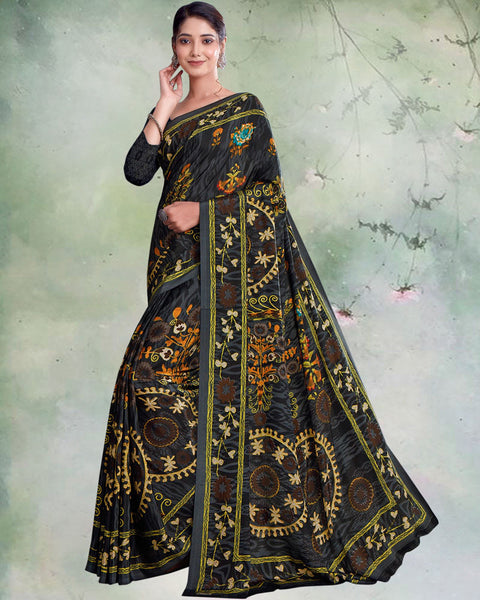 Black And Grey Digital Print Premium Crepe Saree