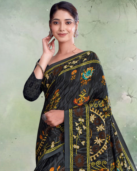 Black And Grey Digital Print Premium Crepe Saree