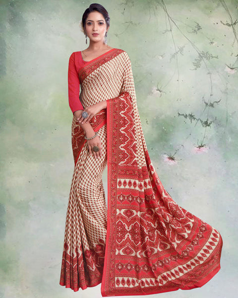 Cream And Pastel Red Digital Print Premium Crepe Saree