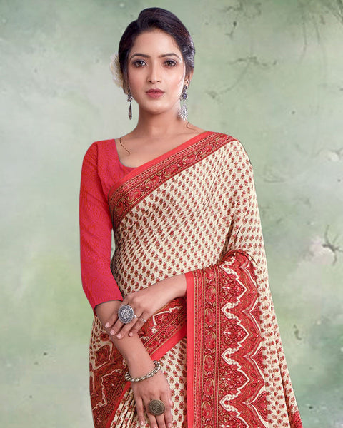 Cream And Pastel Red Digital Print Premium Crepe Saree
